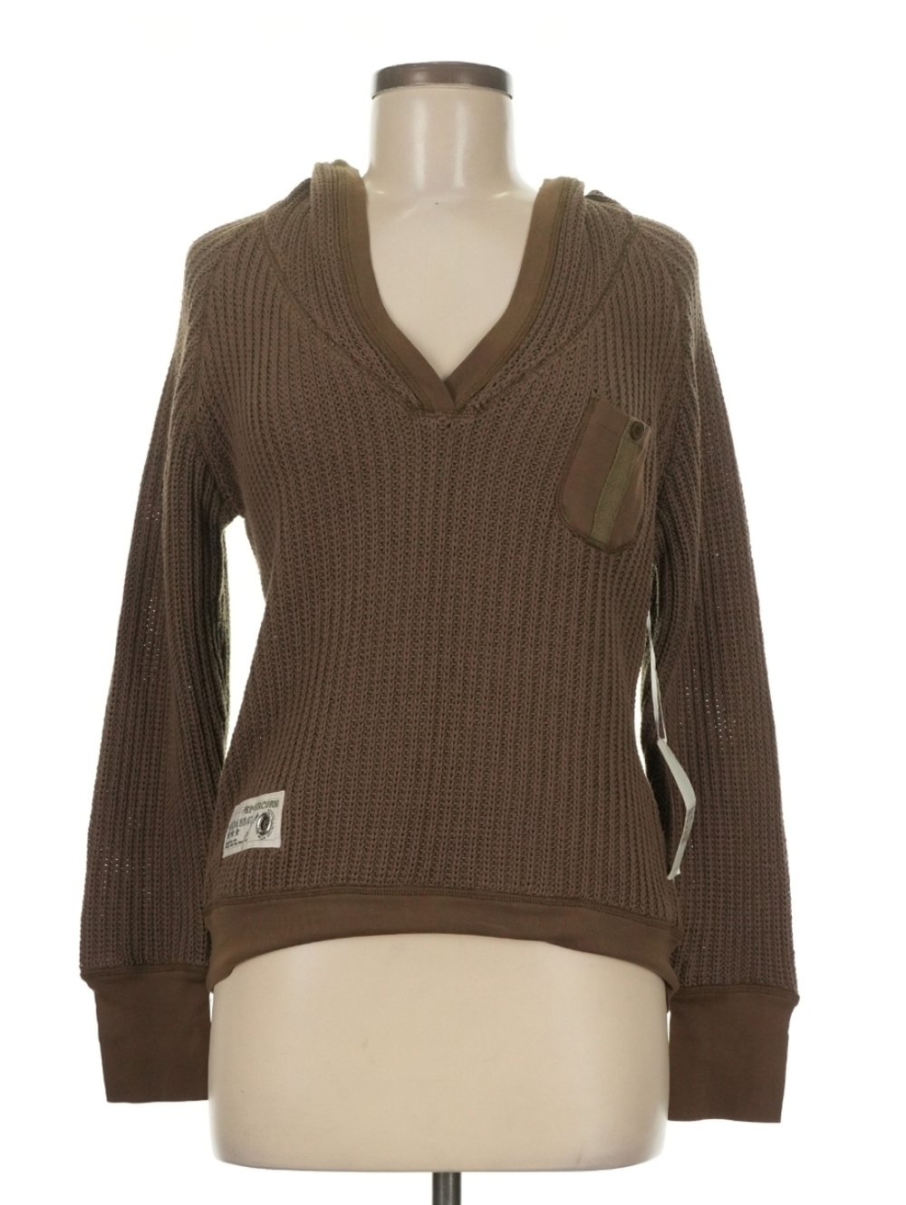 Peppercorn Brown Ribbed Knit Hoodie Sweater V-Neck Chest Pocket M